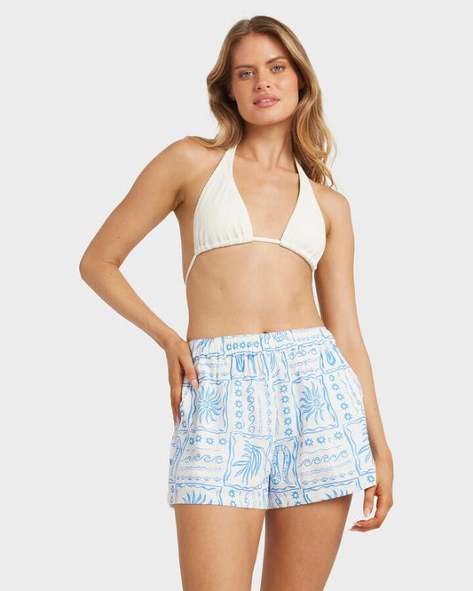 Image of a model wearing Shorts. Product name - Billabong Womens Sunrise Sands Elastic Waist Shorts Salt Crystal in Salt Crystal colour by brand - Billabong