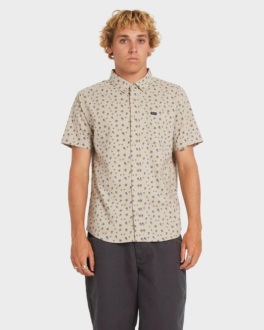 Image of a model wearing Tops. Productname: RVCA - Mens That'Ll Do Short Sleeve Shirt - Light Khaki - in Light Khaki colour by brand - RVCA
