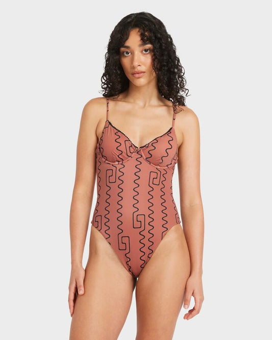 Image of Swimwear. Productname: RVCA - Womens Thought Pattern One Piece Swimsuit - Mahogany - in Mahogany colour by brand - RVCA