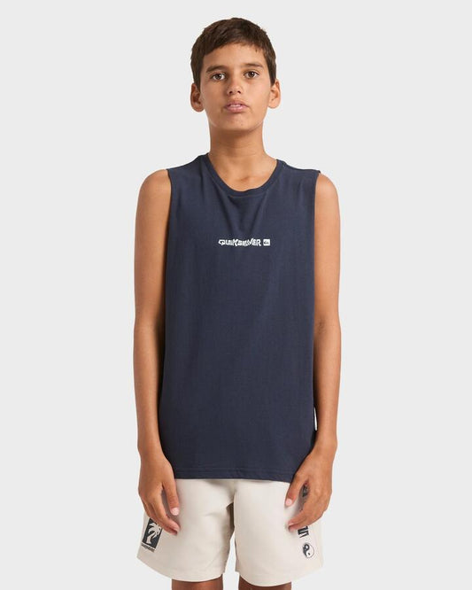 Image of a model wearing Tops. Product name - Quiksilver Boys 8-16 Next Gen Muscle Dark Navy in Dark Navy colour by brand - Quiksilver