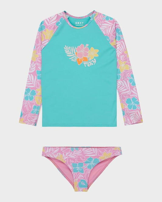 Image of Coats & Jackets. Product name - Roxy Girls 2-7 Tropical Square Lycra One Piece Rash Vest Bonbon Hibiscus Jam in Bonbon Hibiscus Jam colour by brand - Roxy
