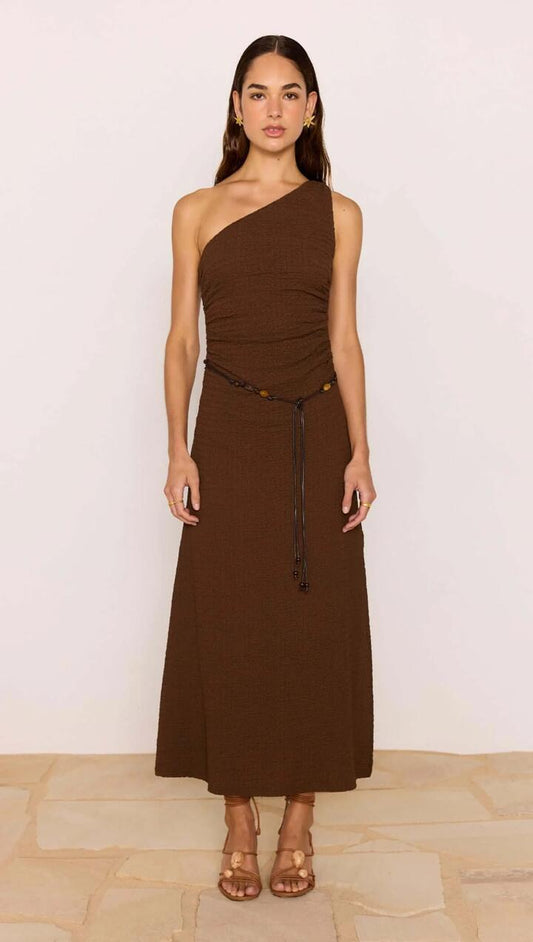 Image of Dresses. Product name - One-Shoulder Brown Midi Dress with Beaded Belt in Chocolate colour by brand - MINKPINK