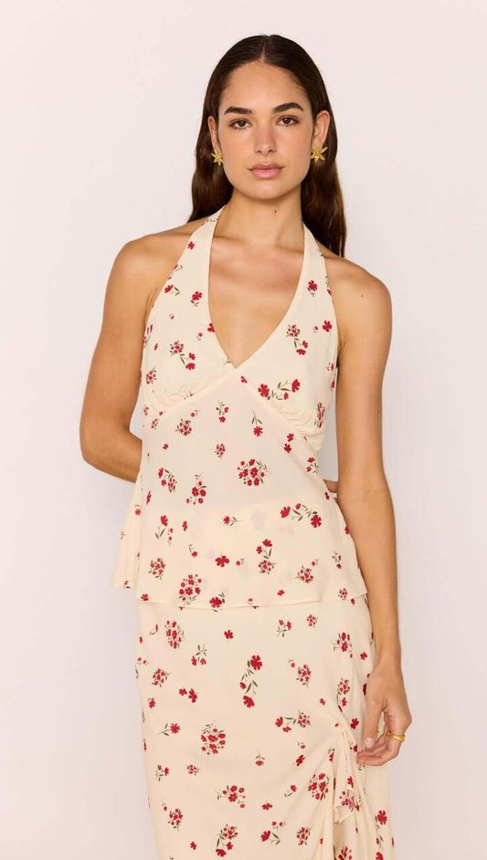 Image of a model wearing Tops. Product name - Red & Cream Floral Halter Bias Top in Cream/Red Floral colour by brand - MINKPINK