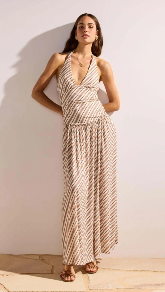 Image of Dresses. Product name - Brown & Cream Stripe Low-Waist Halter Maxi Dress in Brown/Cream Stripe colour by brand - MINKPINK
