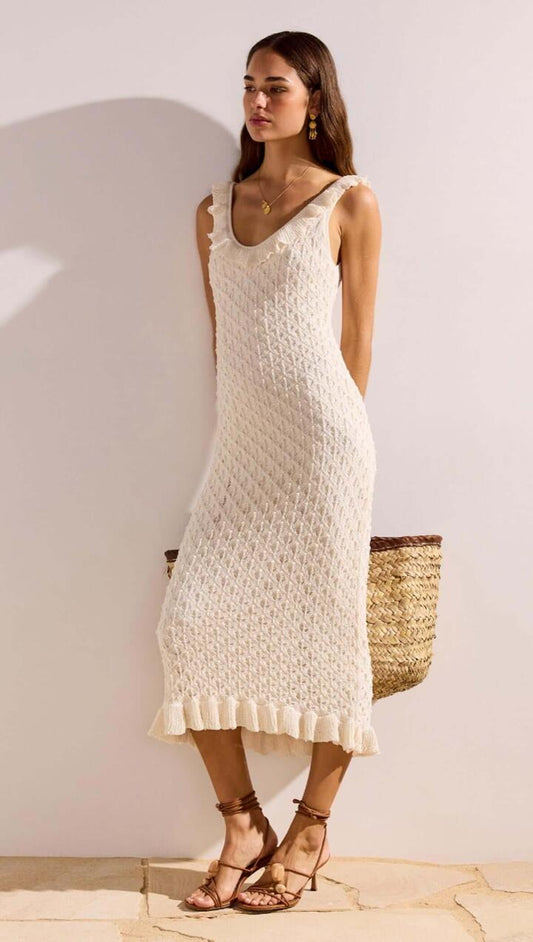 Image of Dresses. Product name - White Pointelle Knit Midi Dress in Ivory colour by brand - MINKPINK