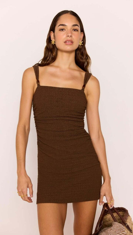 Image of Dresses. Product name - Brown Ruched Mini Dress with Bead Detail in Chocolate colour by brand - MINKPINK