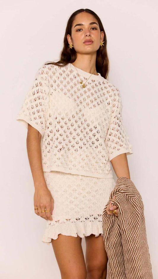Image of a model wearing Tops. Product name - White Pointelle Knit Resort Top in Ivory colour by brand - MINKPINK