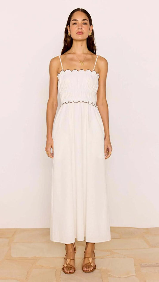 Image of Dresses. Product name - Scallop Edge Cotton White Midi Dress in White colour by brand - MINKPINK