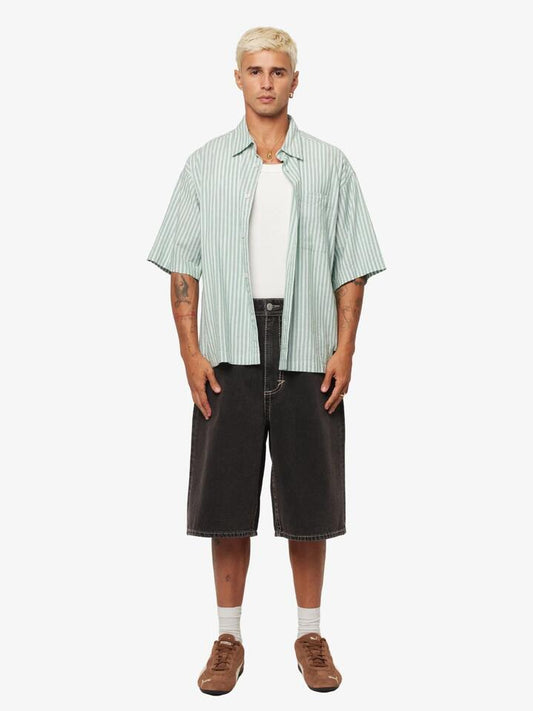 Image of a model wearing Shorts. Productname: Abrand A6 Big Stitch Short Frank in Washed Black colour by brand - Abrand