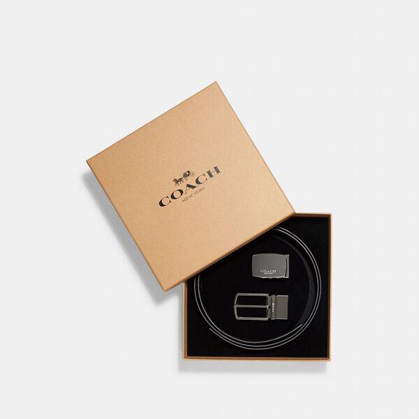 Image of Accessories. Productname: Boxed Plaque And Harness Buckle Cut-To-Size Reversible Belt, 32Mm in CHARCOAL/BLACK colour by brand - Coach Outlet Australia