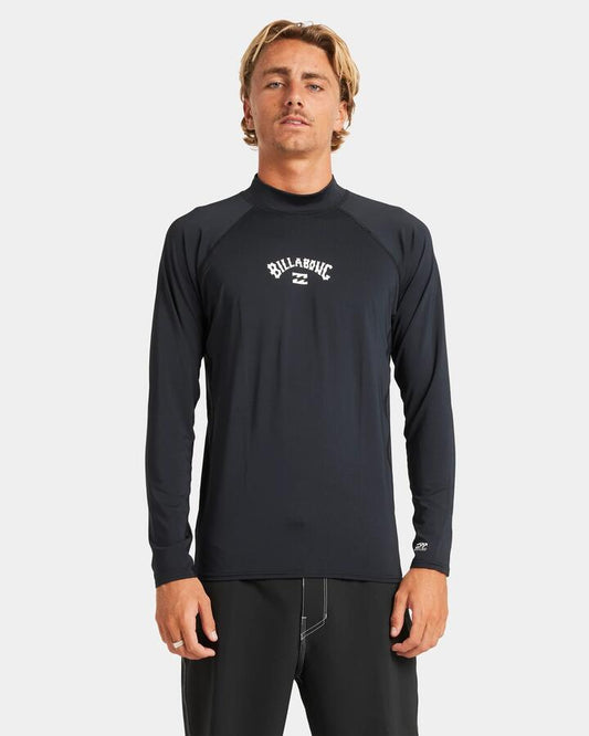 Image of a model wearing Tops. Productname: Billabong Mens All Day Arch Long Sleeve Rash Vest Black - in Black colour by brand - Billabong