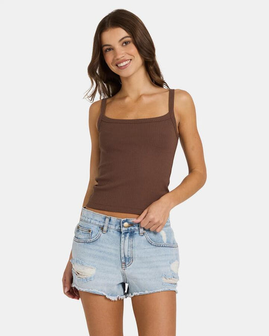 Image of a model wearing Tops. Productname: Nunui - Womens Sweet As Tank - Chocolate - in Chocolate colour by brand - Nunui
