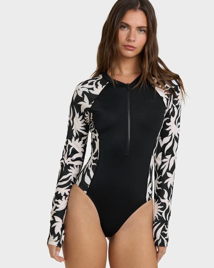 Image of a model wearing Tops. Productname: Billabong - Womens By My Side Zip Bodysuit Rash Vest - Black White - in Black White colour by brand - Billabong