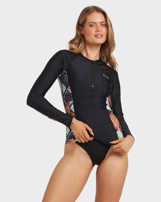 Image of Coats & Jackets. Product name - Billabong Womens Forever Folk Half Zip Rash Vest Black Pebble in Black Pebble colour by brand - Billabong