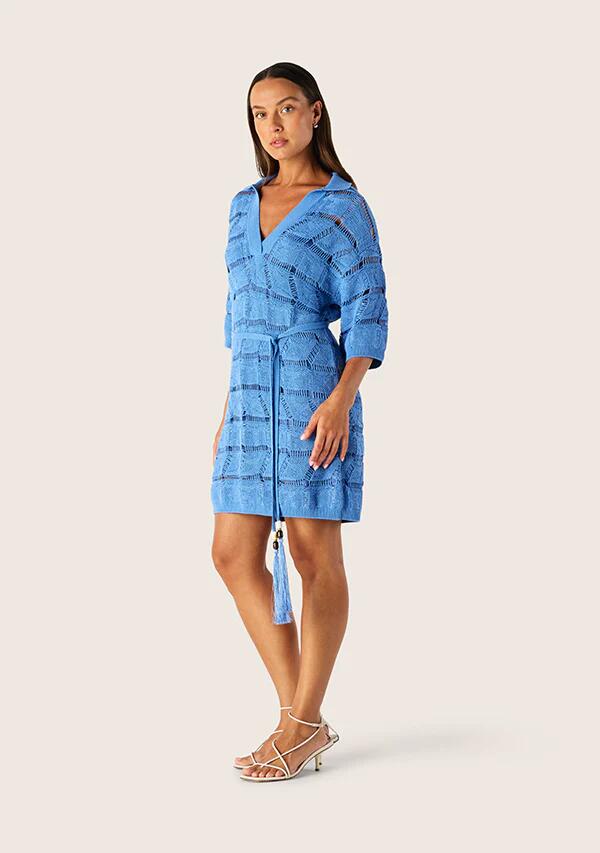 Image of a model wearing Dress. Productname: Clara Knit Kaftan Mini Dress in Blue Gleam colour by brand - MOS The Label