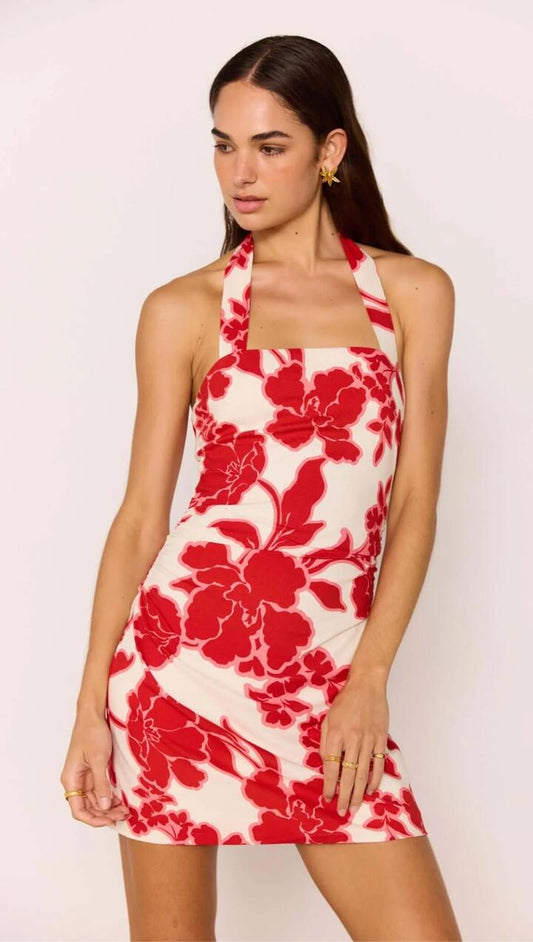 Image of Dresses. Product name - Red & White Floral Linen Blend Halter-Neck Mini Dress in Red/White Floral colour by brand - MINKPINK
