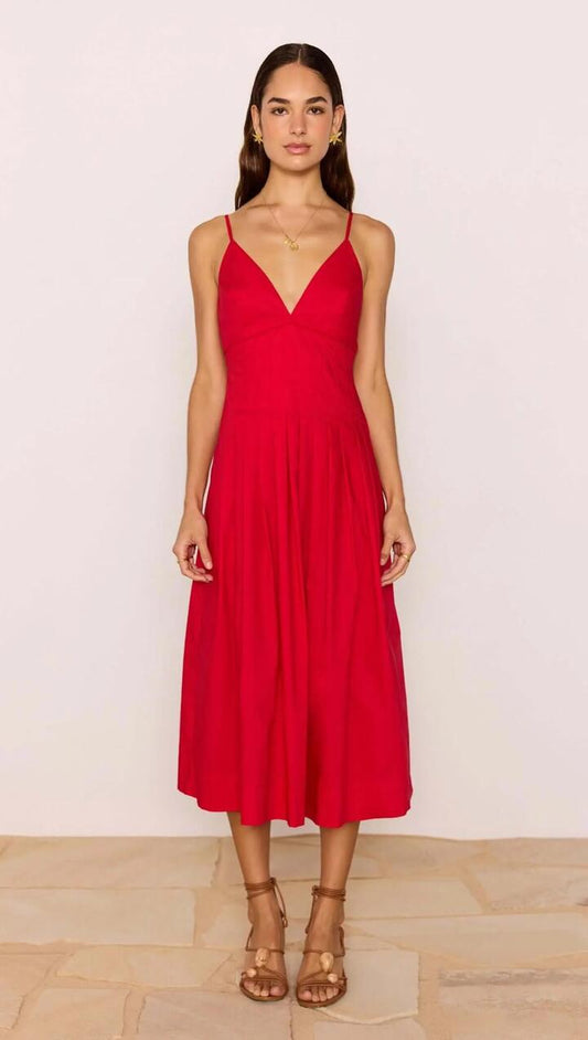 Image of Dresses. Product name - Red Cotton Linen Blend V-Neck Midi Dress in Red colour by brand - MINKPINK