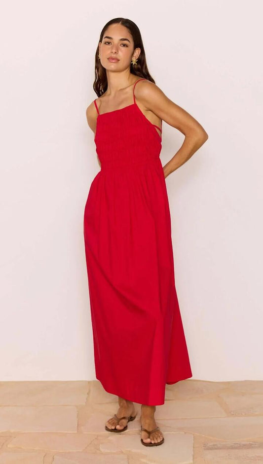 Image of Dresses. Product name - Red Cotton Linen Blend Tie-Back Maxi Dress in Red colour by brand - MINKPINK