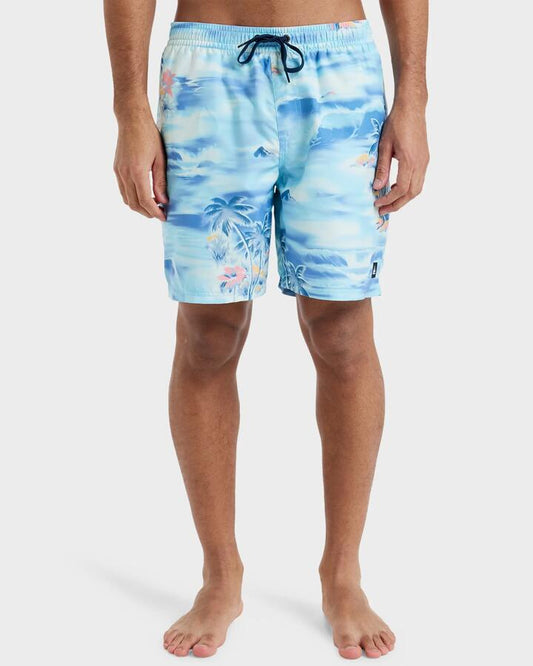 Image of a model wearing Shorts. Productname: Quiksilver - Mens Everyday 15" Swim Shorts - Horizon Blue Tropical Surf - in Horizon Blue Tropical Surf colour by brand - Quiksilver