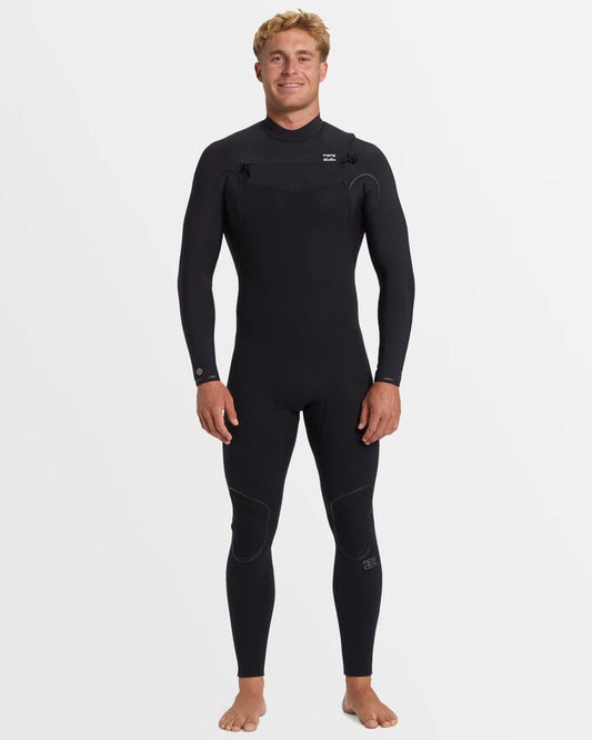 Image of a model wearing Tops. Productname: Billabong Mens 4/3Mm Furnace Natural Chest Zip Steamer Wetsuit Black - in Black colour by brand - Billabong