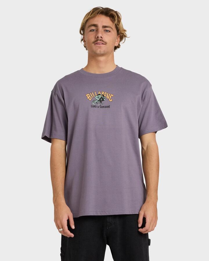 Image of a model wearing Tops. Productname: Billabong - Mens Lizard Land T-Shirt - Purple Haze - in Purple Haze colour by brand - Billabong