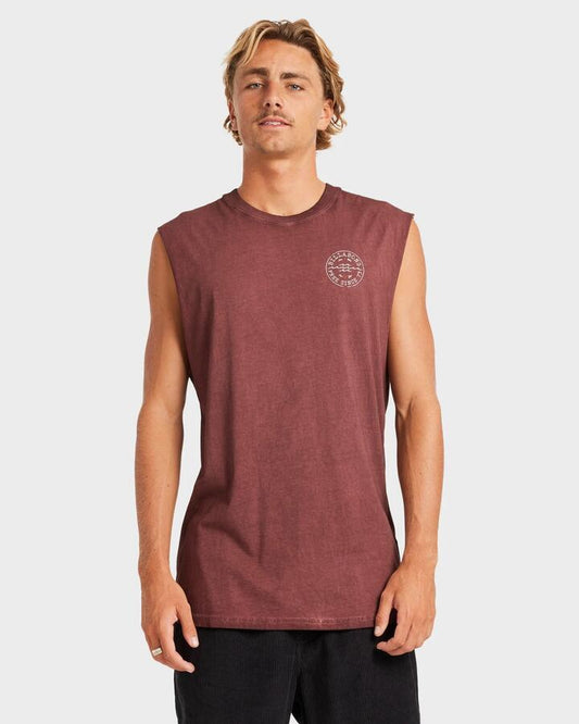 Image of a model wearing Tops. Product name - Billabong Mens Big Wave Daz Muscle Tank Plum in Plum colour by brand - Billabong