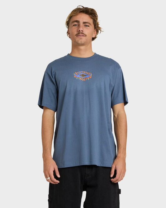 Image of a model wearing Tops. Productname: Billabong - Mens Aussie Pill T-Shirt - North Sea - in North Sea colour by brand - Billabong