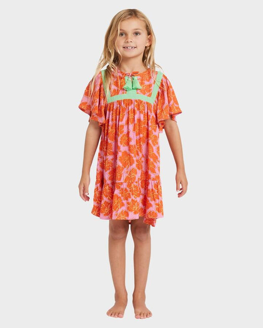 Image of Dresses. Product name - Billabong Girls 2-7 Happy Hibiscus Ruffle Top Mini Dress Party Pink in Party Pink colour by brand - Billabong