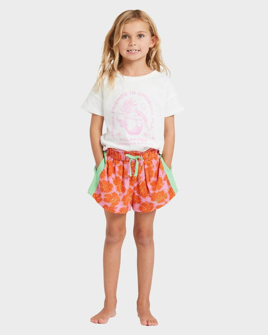 Image of a model wearing Shorts. Product name - Billabong Girls 2-7 Happy Hibiscus Elastic Waist Shorts Party Pink in Party Pink colour by brand - Billabong