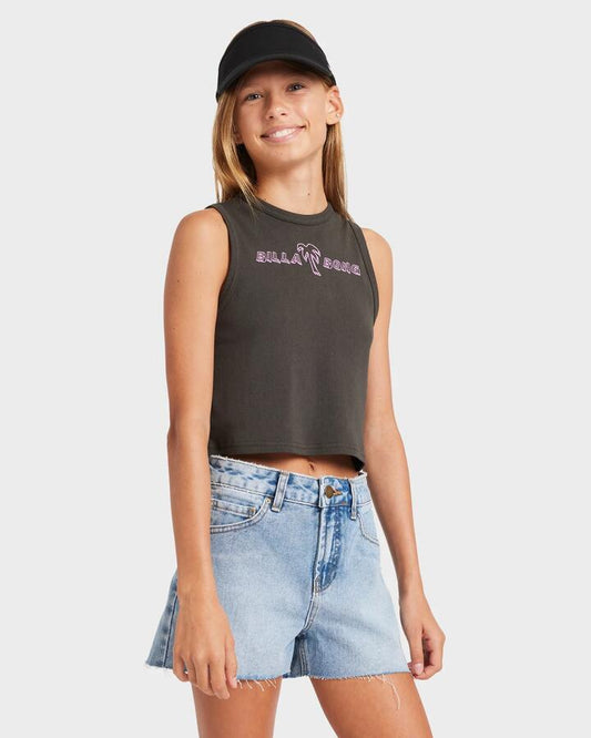 Image of a model wearing Tops. Product name - Billabong Girls 8-16 Windy Afternoon Crop Tank Off Black in Off Black colour by brand - Billabong