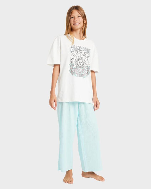 Image of a model wearing Pants. Productname: Billabong Girls 8-16 Lulu Beach Elastic Waist Pants Sea Mist - in Sea Mist colour by brand - Billabong