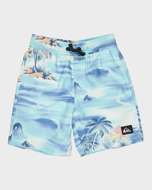 Image of a model wearing Shorts. Productname: Quiksilver Boys 2-7 Everyday 13" Swim Shorts Horizon Blue Tropical Surf - in Horizon Blue Tropical Surf colour by brand - Quiksilver