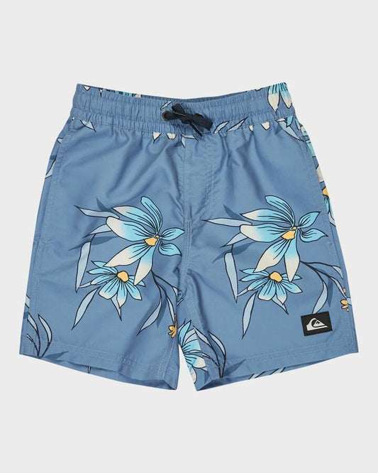 Image of a model wearing Shorts. Productname: Quiksilver Boys 2-7 Everyday 13" Swim Shorts Coronet Blue Costal Floral - in Coronet Blue Costal Floral colour by brand - Quiksilver