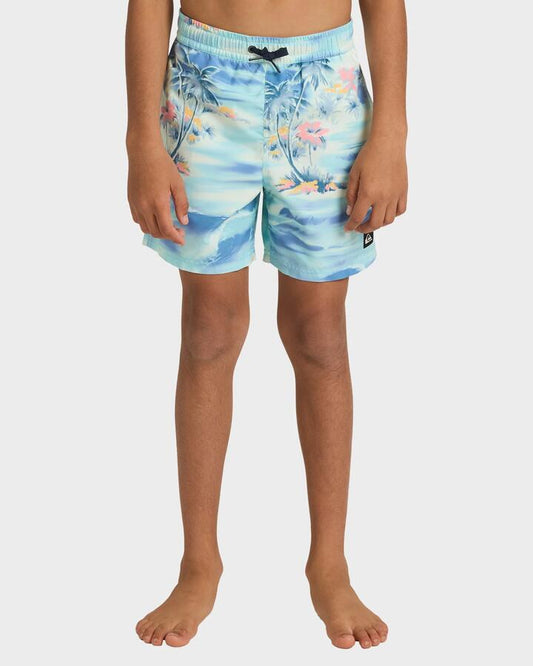 Image of a model wearing Shorts. Productname: Quiksilver Boys 8-16 Everyday 14" Swim Shorts Horizon Blue Tropical Surf - in Horizon Blue Tropical Surf colour by brand - Quiksilver