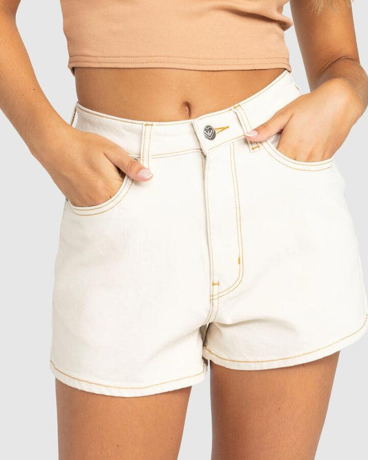 Image of a model wearing Shorts. Productname: Roxy Womens Chlo Natural Denim Shorts Natural - in Natural colour by brand - Roxy