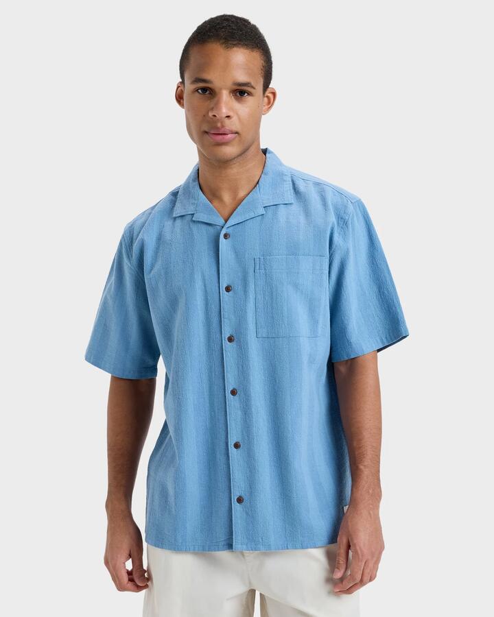 Image of Shirts. Product name - Quiksilver Mens Room Rock 2 Short Sleeve Shirt Coronet Blue Room Rock Stripes in Coronet Blue Room Rock Stripes colour by brand - Quiksilver