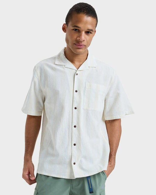 Image of a model wearing Tops. Productname: Quiksilver - Mens Room Rock 2 Short Sleeve Shirt - Birch Room Rock Stripes - in Birch Room Rock Stripes colour by brand - Quiksilver