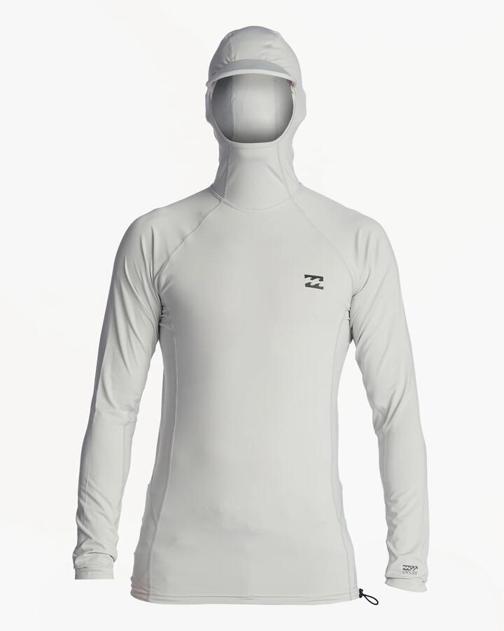 Image of a model wearing Tops. Productname: Billabong Mens Strike Mission Hooded Long Sleeve Rash Vest Grey - in Grey colour by brand - Billabong