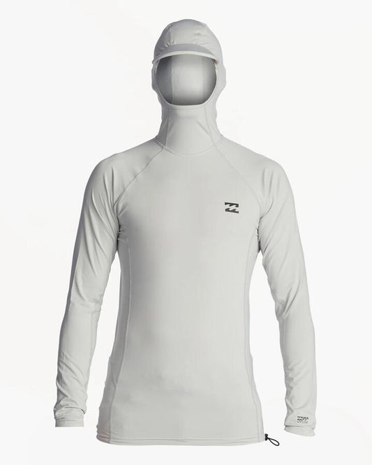 Image of a model wearing Tops. Productname: Billabong - Mens Strike Mission Hooded Long Sleeve Rash Vest - Grey - in Grey colour by brand - Billabong