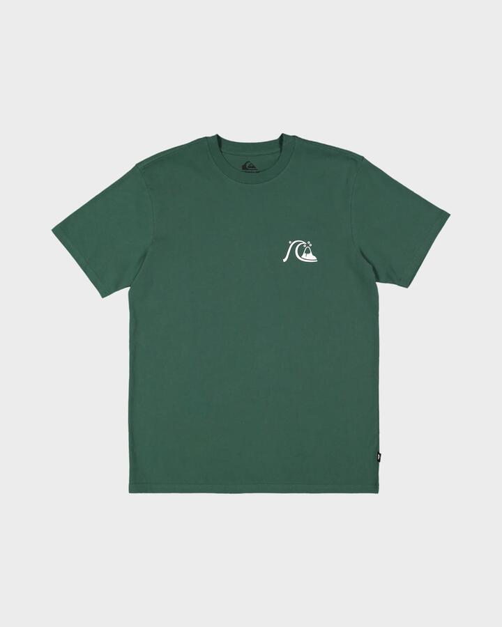 Image of a model wearing Tops. Productname: Quiksilver Mens Touro T-Shirt Trekking Green - in Trekking Green colour by brand - Quiksilver