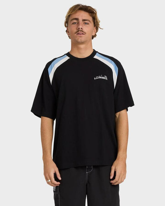Image of a model wearing Tops. Productname: Billabong - Mens System T-Shirt - Black - in Black colour by brand - Billabong