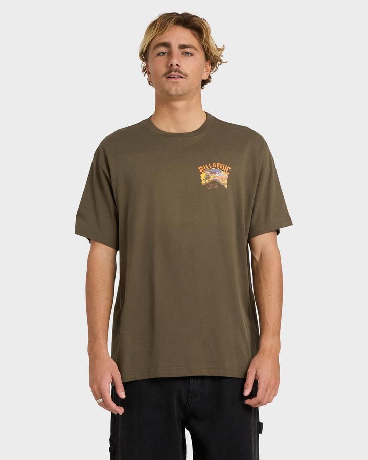 Image of a model wearing Tops. Productname: Billabong Mens Land Of Sunshine T-Shirt Military - in Military colour by brand - Billabong