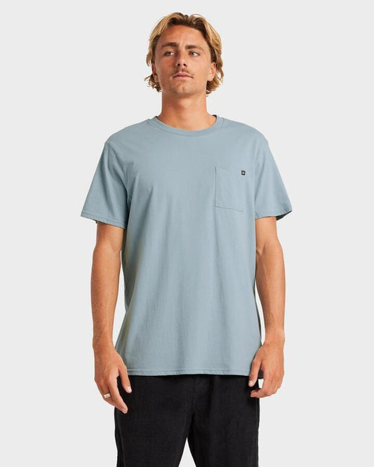 Image of a model wearing Tops. Productname: Billabong Mens Premium Pocket T-Shirt Dusty Blue - in Dusty Blue colour by brand - Billabong