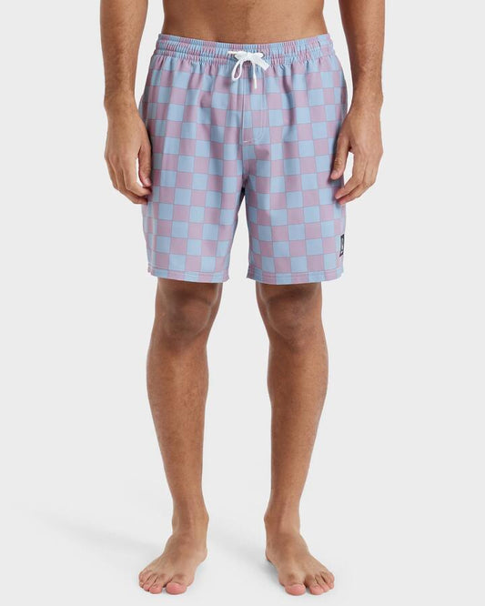 Image of a model wearing Shorts. Productname: Quiksilver Mens Original 18" Swim Shorts Eldelberry Checker - in Eldelberry Checker colour by brand - Quiksilver