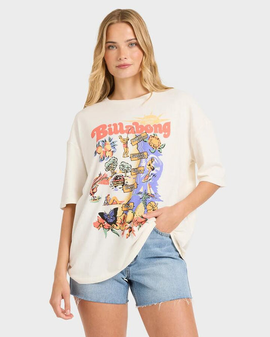 Image of a model wearing Tops. Productname: Billabong Womens Roadtrip T-Shirt Salt Crystal - in Salt Crystal colour by brand - Billabong