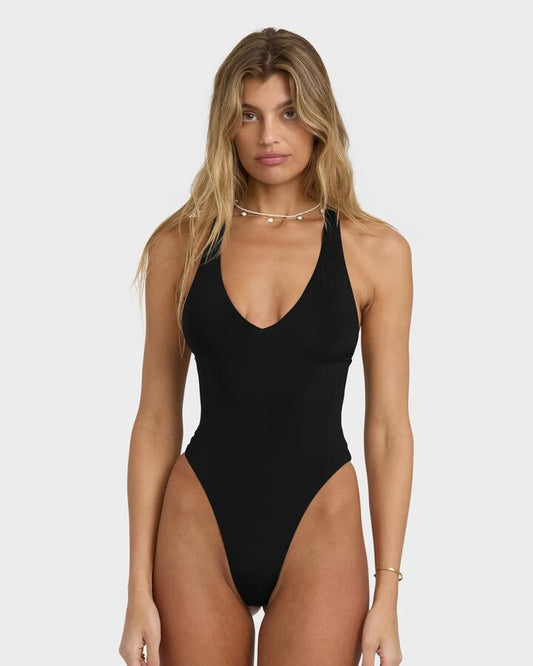 Image of a model wearing Tops. Productname: Billabong Womens Sol Searcher Halter One Piece Black Pebble - in Black Pebble colour by brand - Billabong