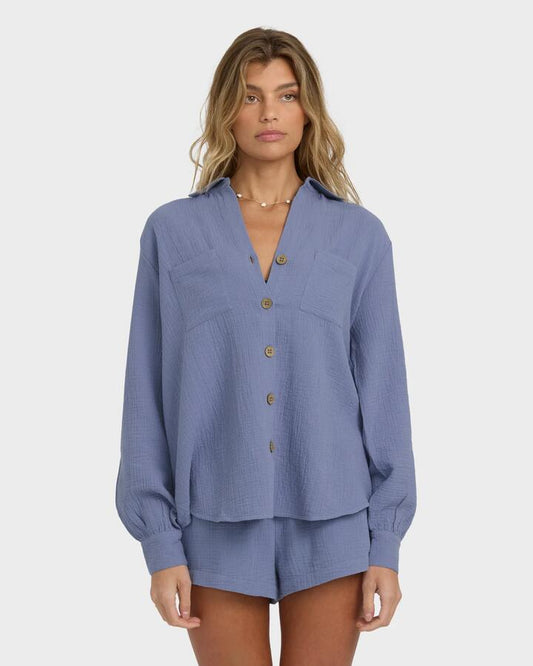 Image of Blouses. Productname: Billabong Womens Swell Blouse Stone Blue - in Stone Blue colour by brand - Billabong