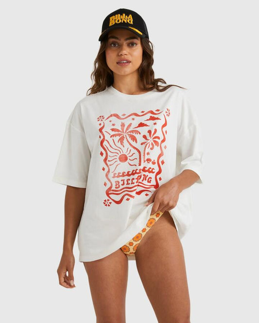 Image of a model wearing Tops. Productname: Billabong Womens Coco Palm T-Shirt Salt Crystal - in Salt Crystal colour by brand - Billabong