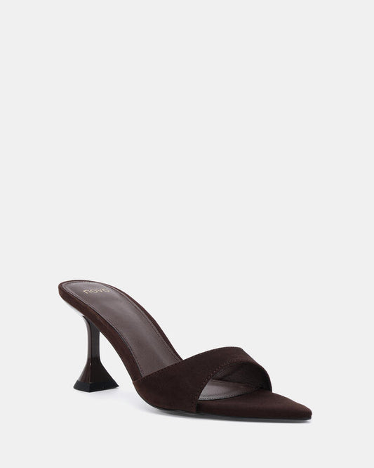 Image of Heels. Product name - Ziv Espresso Suede Party in Espresso Suede colour by brand - Novo