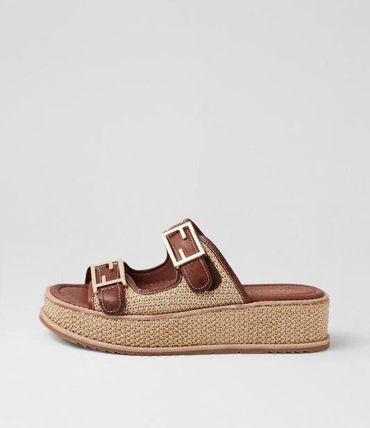 Image of Slippers. Productname: Vima Choc Natural Leather Slides in Choc-Natural colour by brand - MIDAS